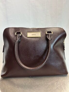 DKNY deep burgundy brown crosshatched leather satchel DKNY plaque